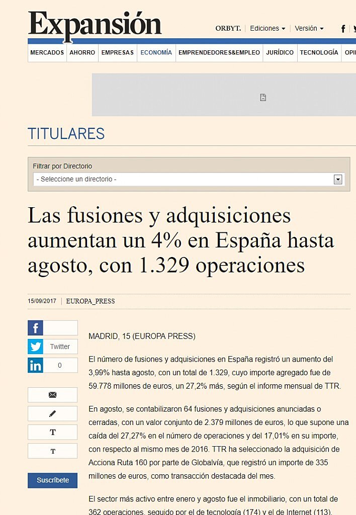 Las fusiones y adquisiciones aumentan un 4% en Espaa hasta agosto, con 1.329 operaciones